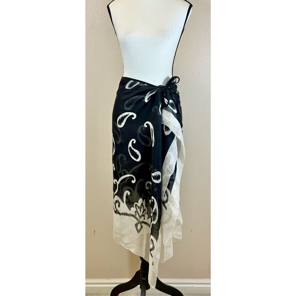NWOT Gottex 100% Silk Black & Cream Sarong Swim Cover Up Women's Large